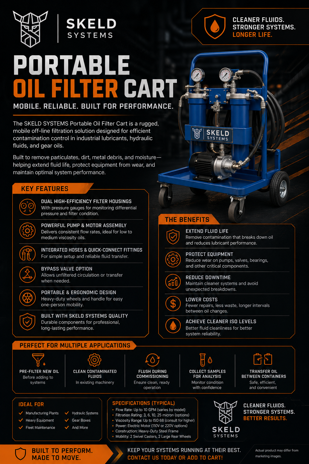 Portable industrial oil filter cart for gearbox lubrication systems hydraulic oil filtration and contamination control